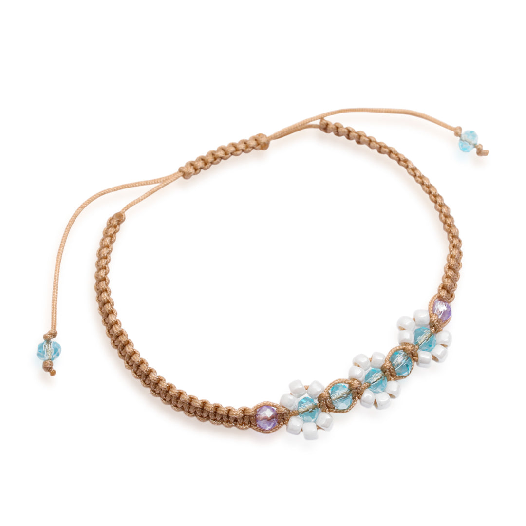Floral Blue Topaz Amethyst Glass-Beaded Macrame Bracelet - Flowery Radiance