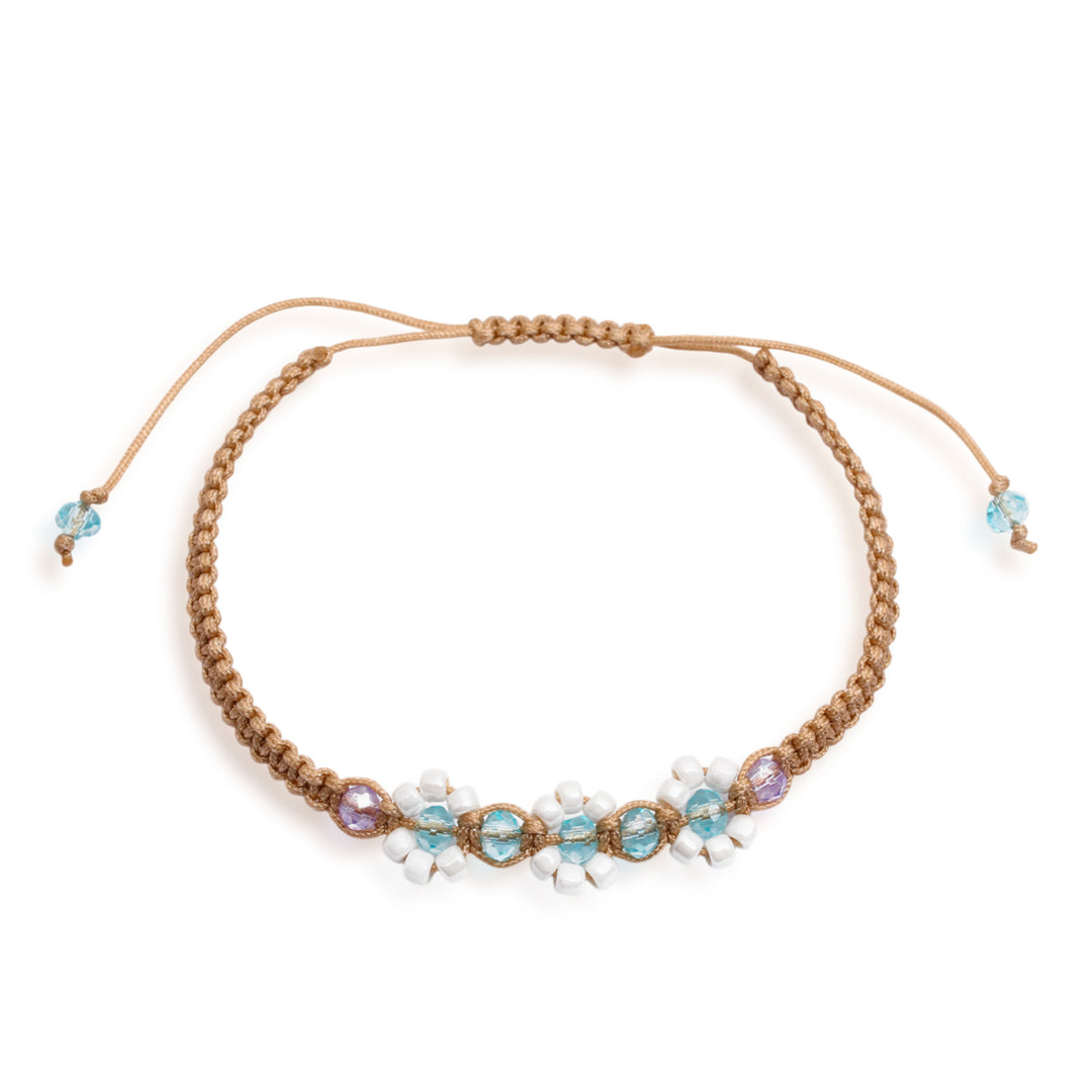 Floral Blue Topaz Amethyst Glass-Beaded Macrame Bracelet - Flowery Radiance