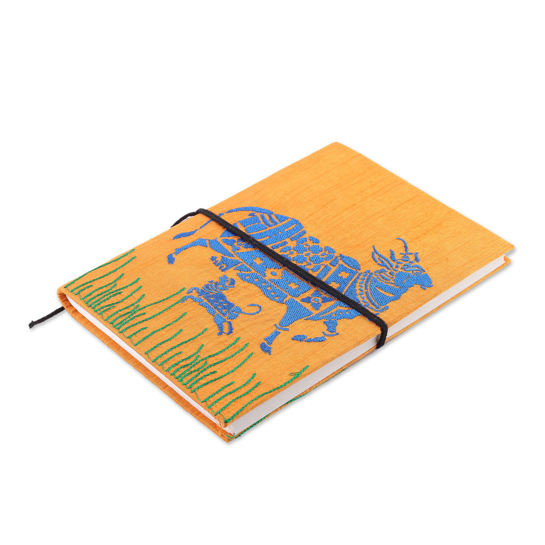Folk Art-Inspired 58-Page Handmade Paper Journal from India - Kamadhenu in Saffron