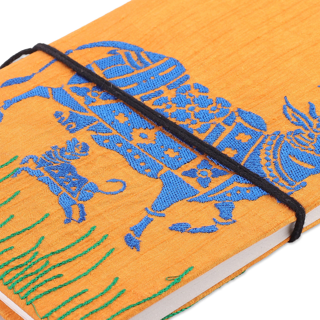 Folk Art-Inspired 58-Page Handmade Paper Journal from India - Kamadhenu in Saffron