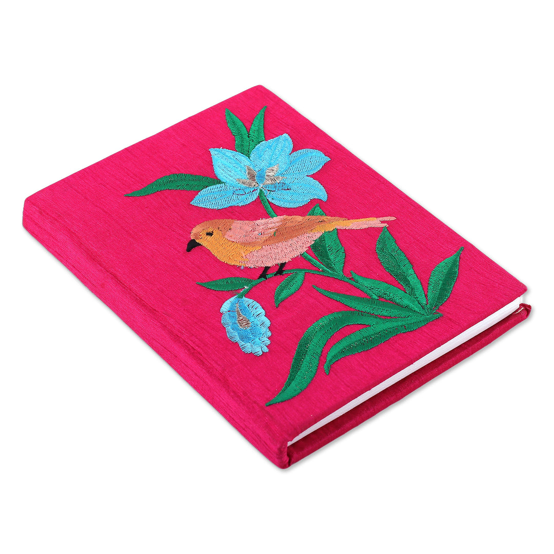 Spring-Themed Cerise Pink Embroidered Handmade Paper Journal - Essence of Cerise Nature