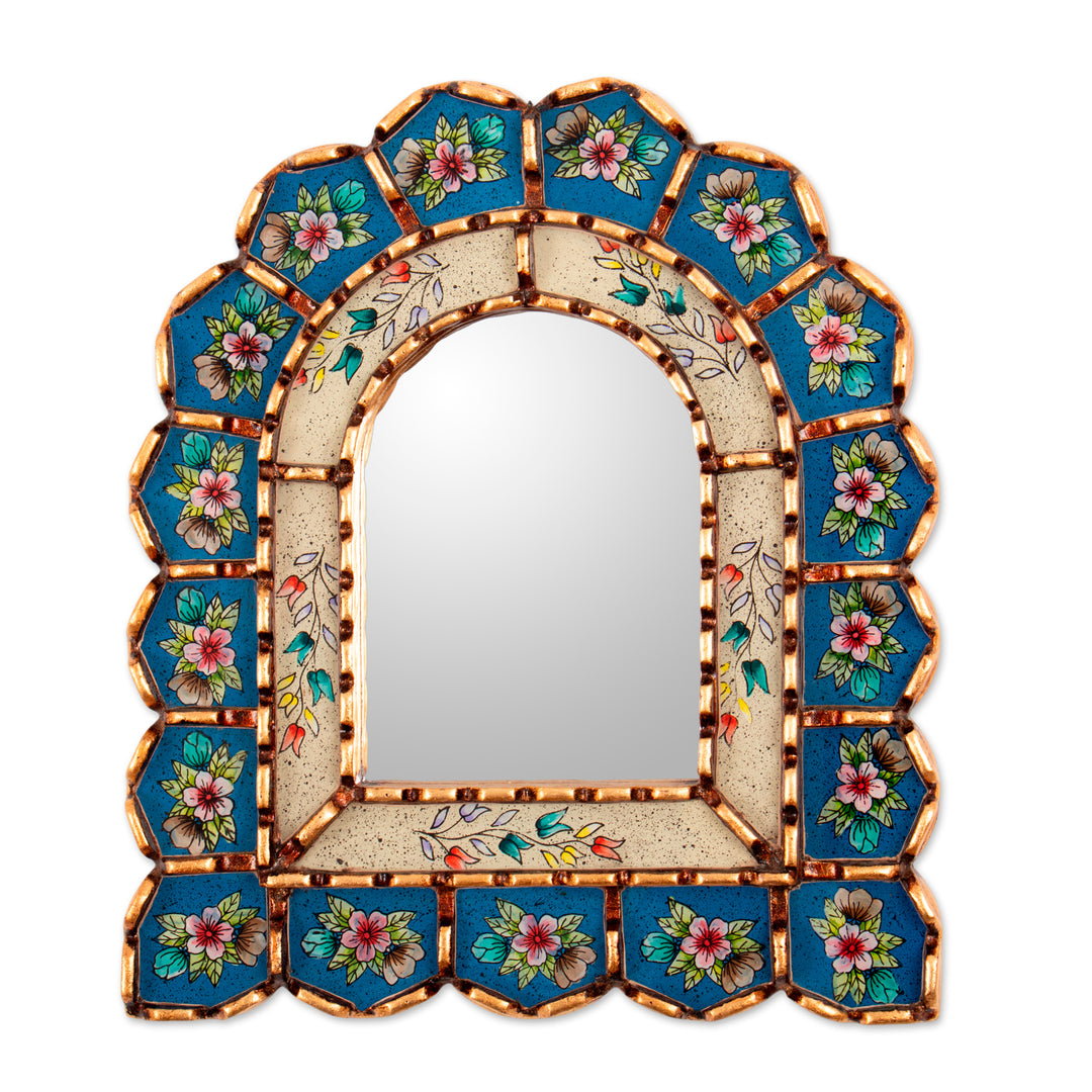 Bronze-Gilded Reverse-Painted Glass Floral Wall Mirror - Blooming Arrangement