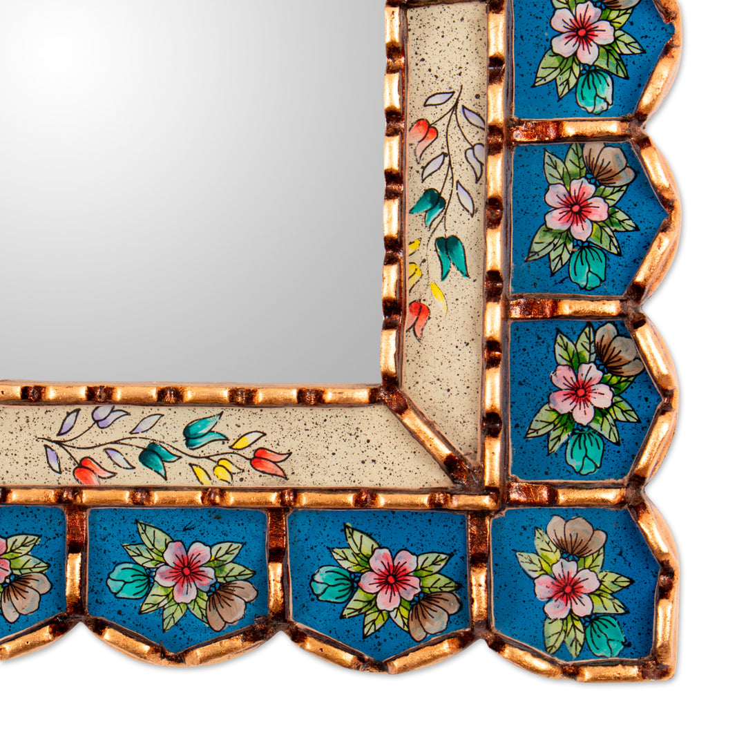 Bronze-Gilded Reverse-Painted Glass Floral Wall Mirror - Blooming Arrangement