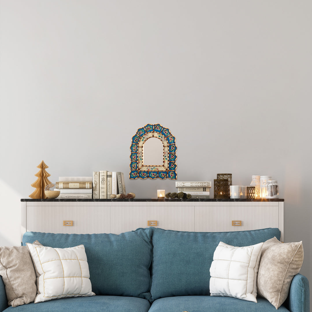 Bronze-Gilded Reverse-Painted Glass Floral Wall Mirror - Blooming Arrangement