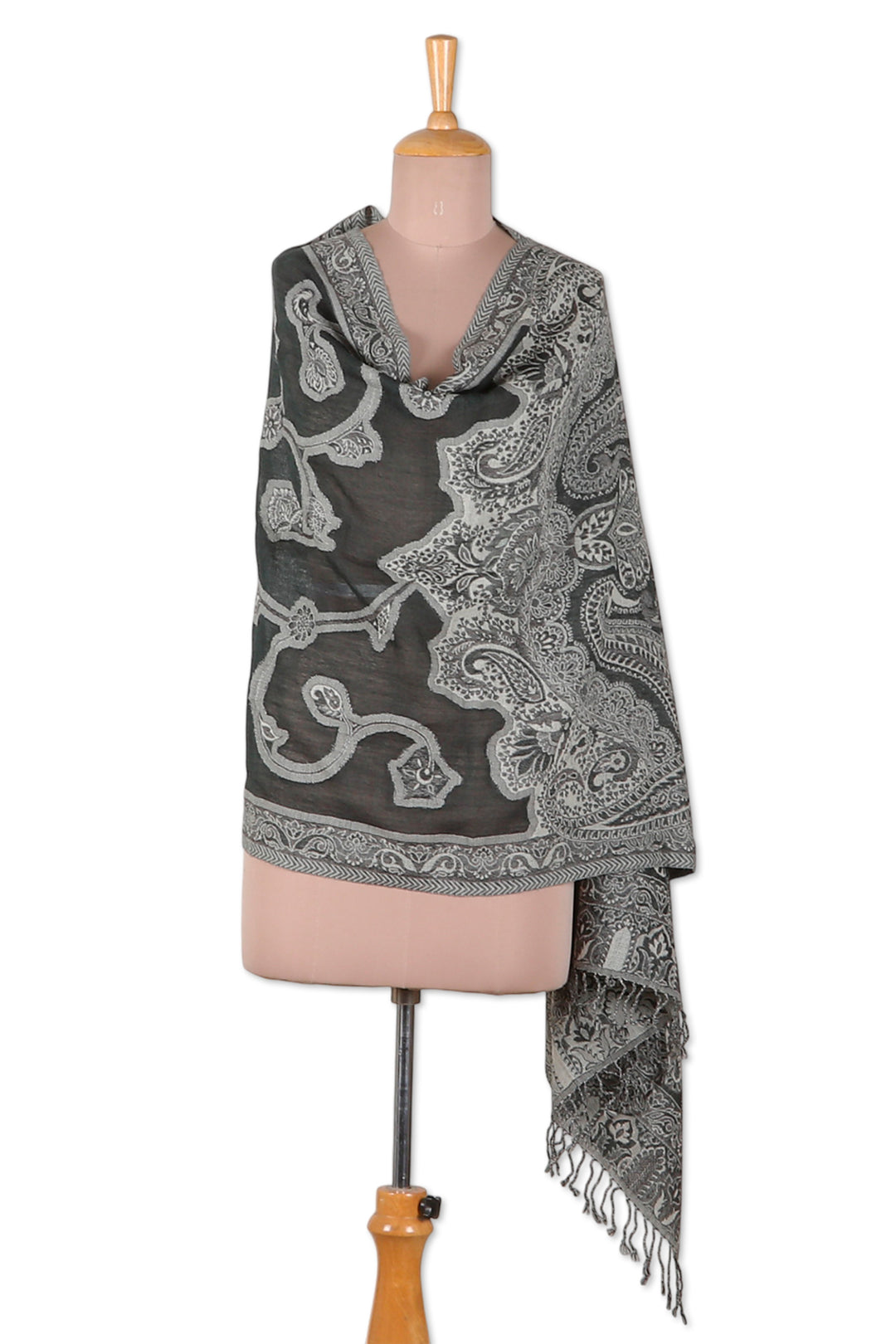 Traditional Indian-Made Black and Grey Fringed Wool Shawl - Jamawar Shadows