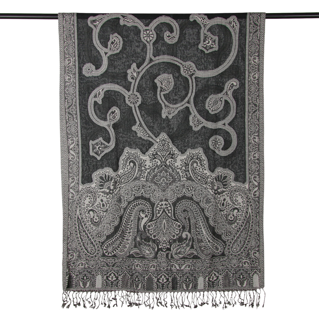 Traditional Indian-Made Black and Grey Fringed Wool Shawl - Jamawar Shadows