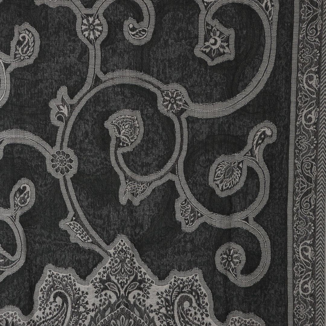 Traditional Indian-Made Black and Grey Fringed Wool Shawl - Jamawar Shadows