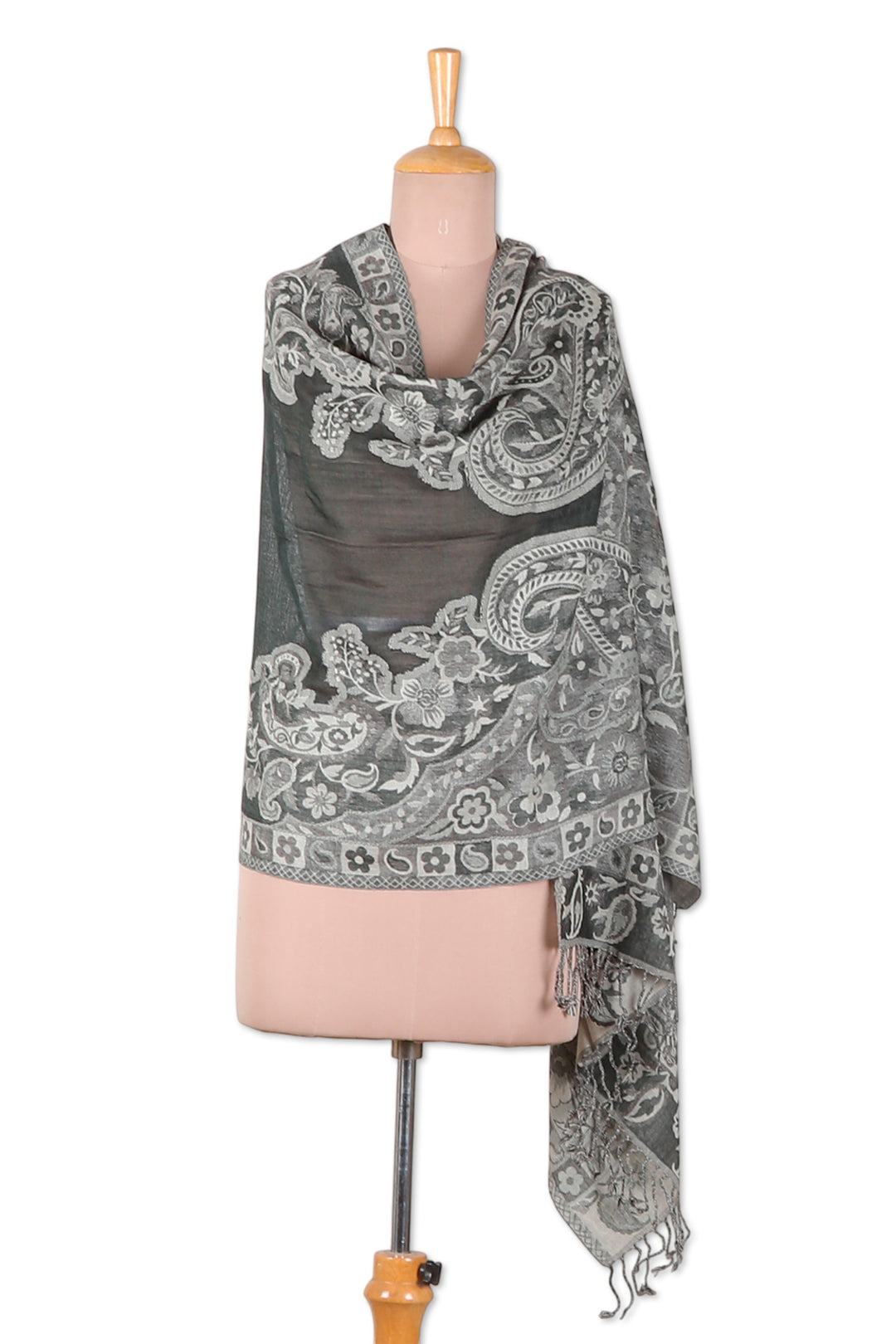 Paisley-Themed Traditional 100% Wool Shawl in Black and Grey - Paisley Vestiges