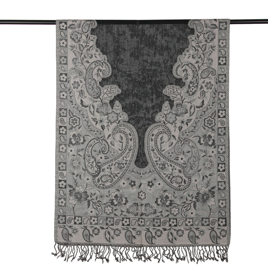 Paisley-Themed Traditional 100% Wool Shawl in Black and Grey - Paisley Vestiges