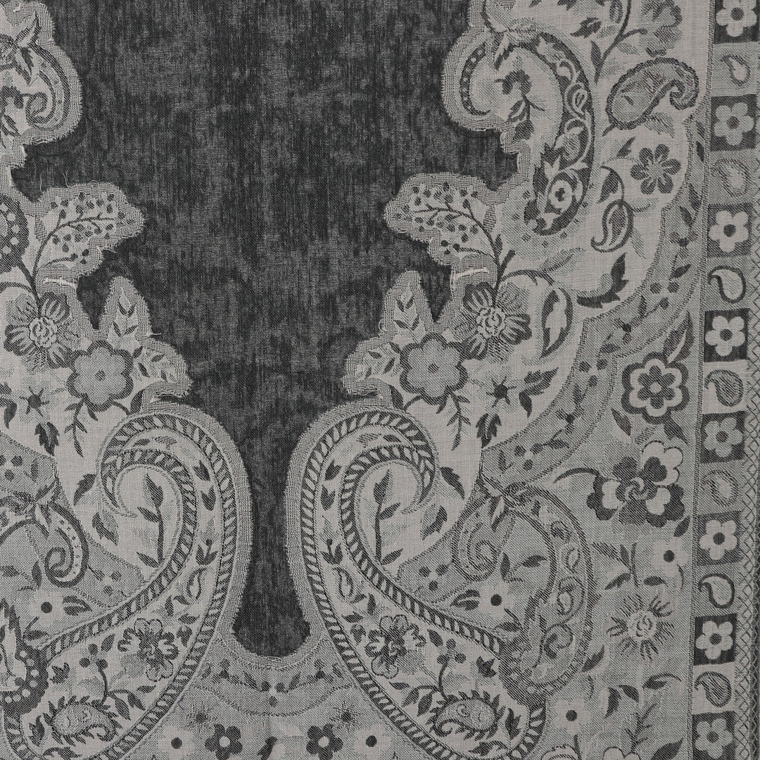 Paisley-Themed Traditional 100% Wool Shawl in Black and Grey - Paisley Vestiges