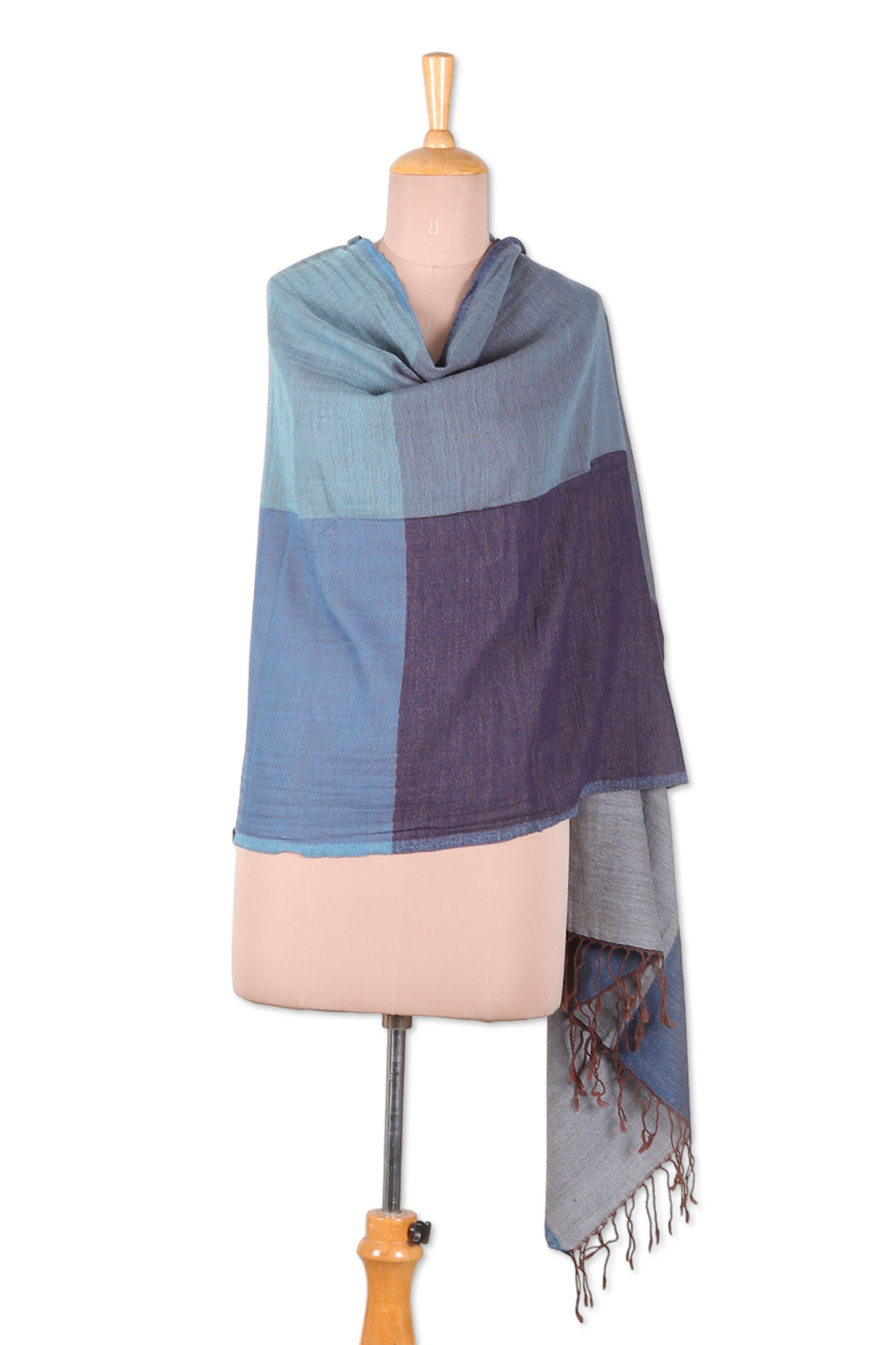Modern Bohemian Fringed 100% Wool Shawl in a Blue Palette - Appealing Blue