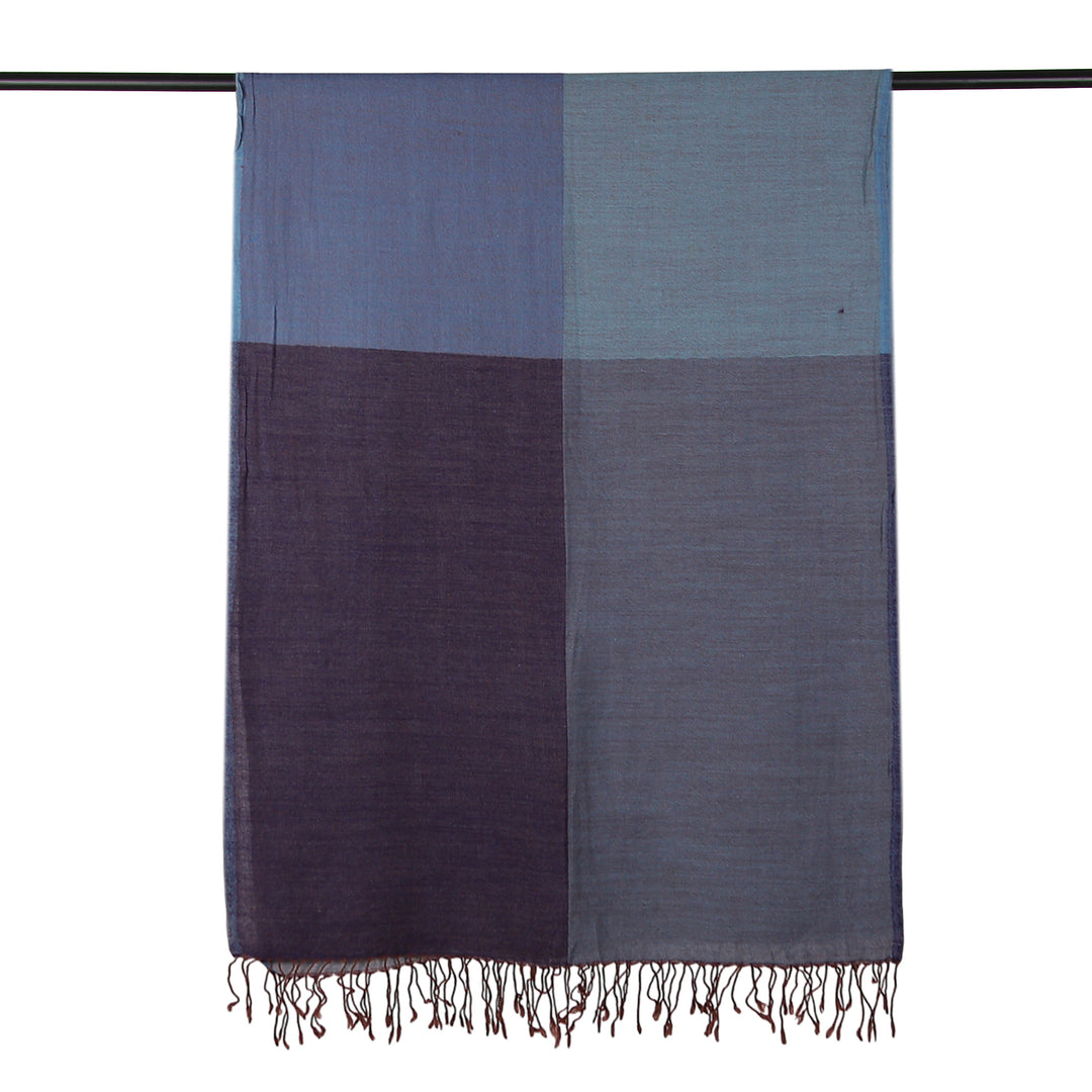 Modern Bohemian Fringed 100% Wool Shawl in a Blue Palette - Appealing Blue