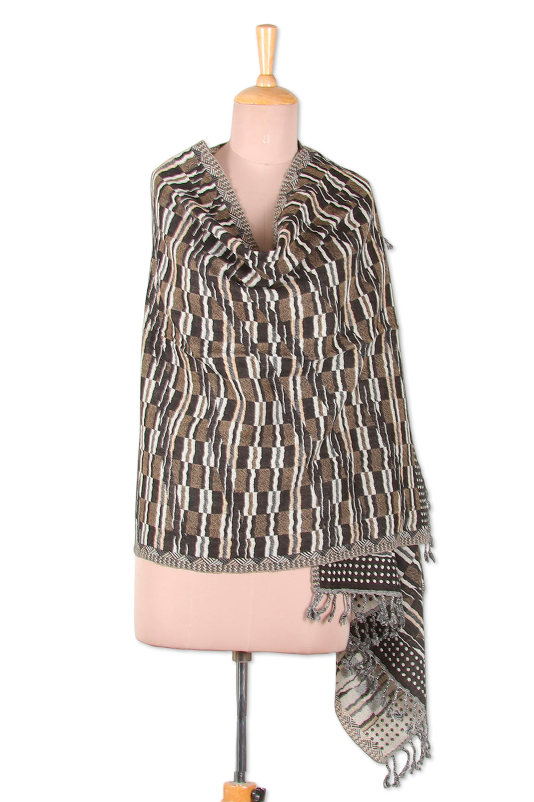 Artisan-Made Beige and Black Patterned Fringed Wool Shawl - Crossed Beauties