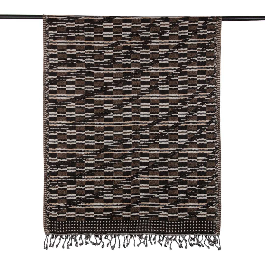 Artisan-Made Beige and Black Patterned Fringed Wool Shawl - Crossed Beauties