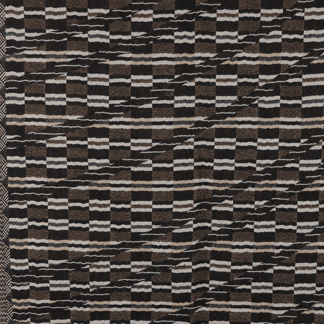 Artisan-Made Beige and Black Patterned Fringed Wool Shawl - Crossed Beauties