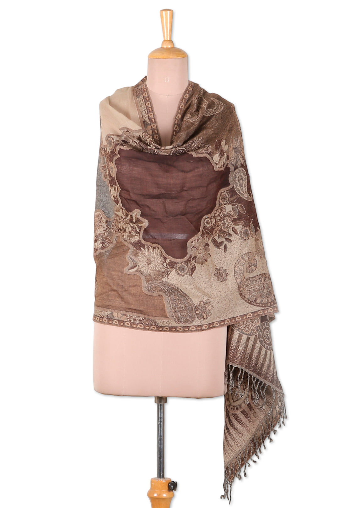 Folk Art-Inspired Paisley-Patterned 100% Wool Shawl in Brown - Sylvan Paisley