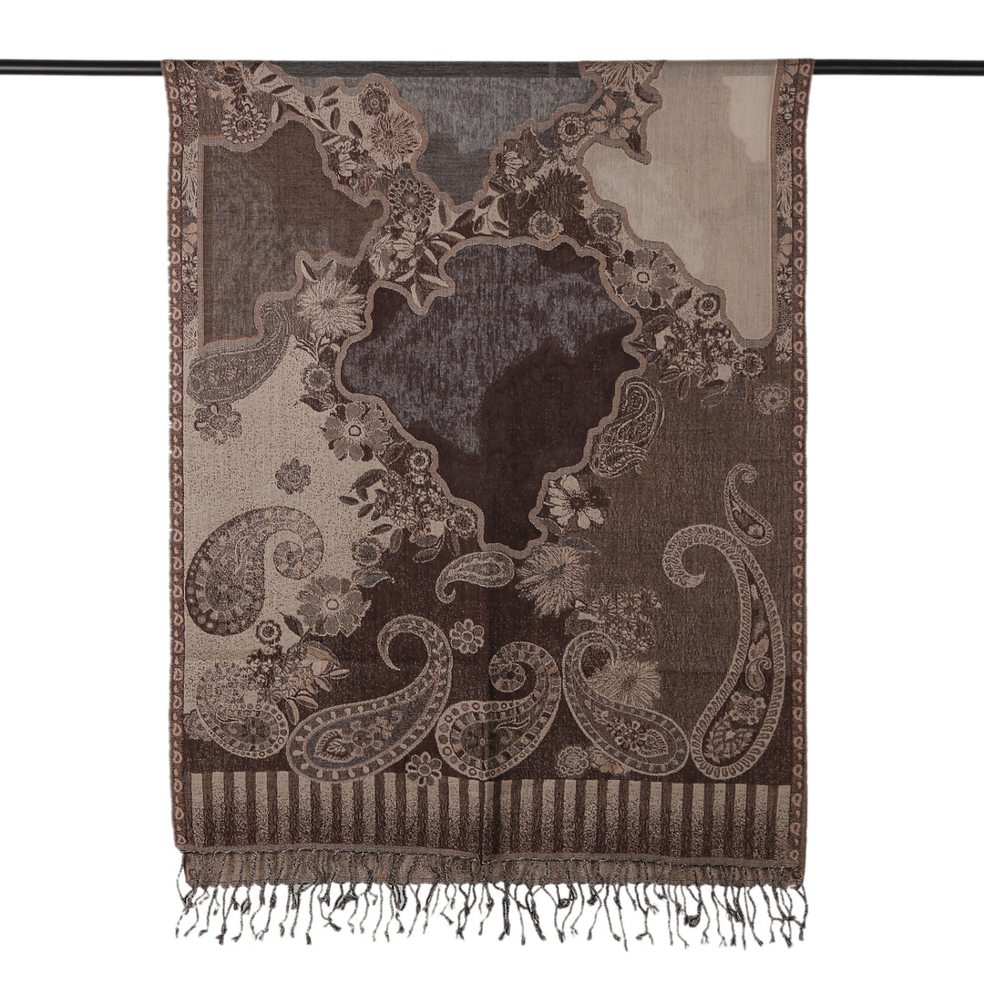 Folk Art-Inspired Paisley-Patterned 100% Wool Shawl in Brown - Sylvan Paisley
