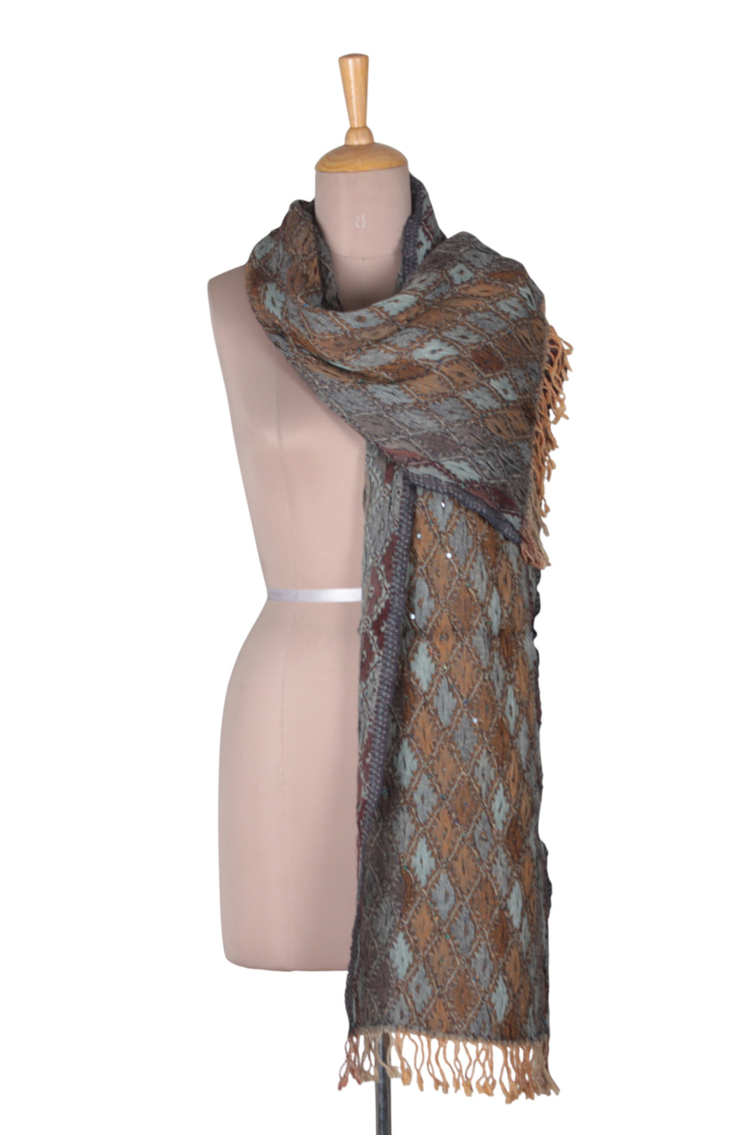 Geometric Textured Ruffled Wool Scarf with Sequin Accents - Diamond Delight