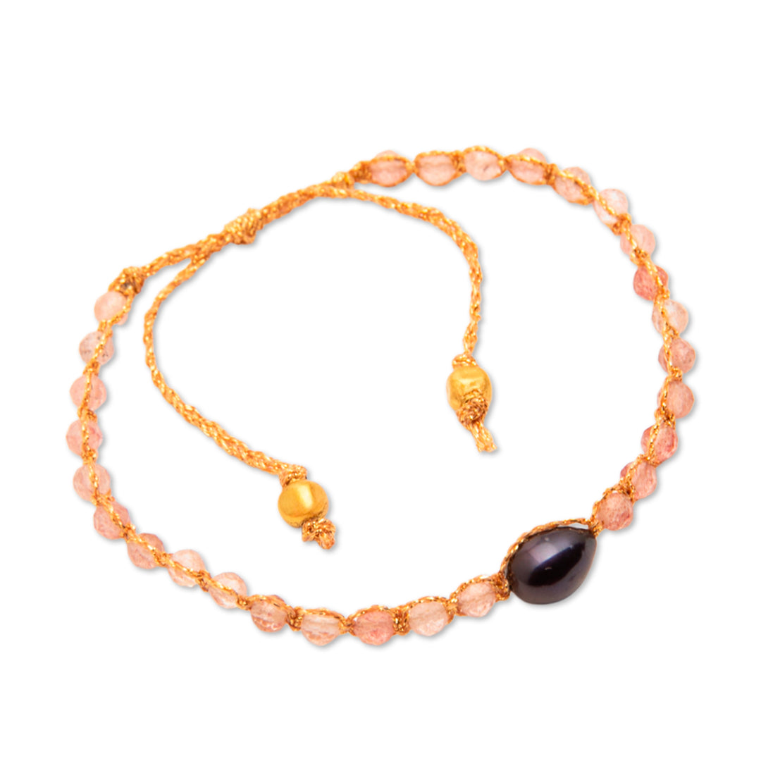 Blue Cultured Pearl Rose Quartz Gold Accent Pendant Bracelet - Sweet Beauty