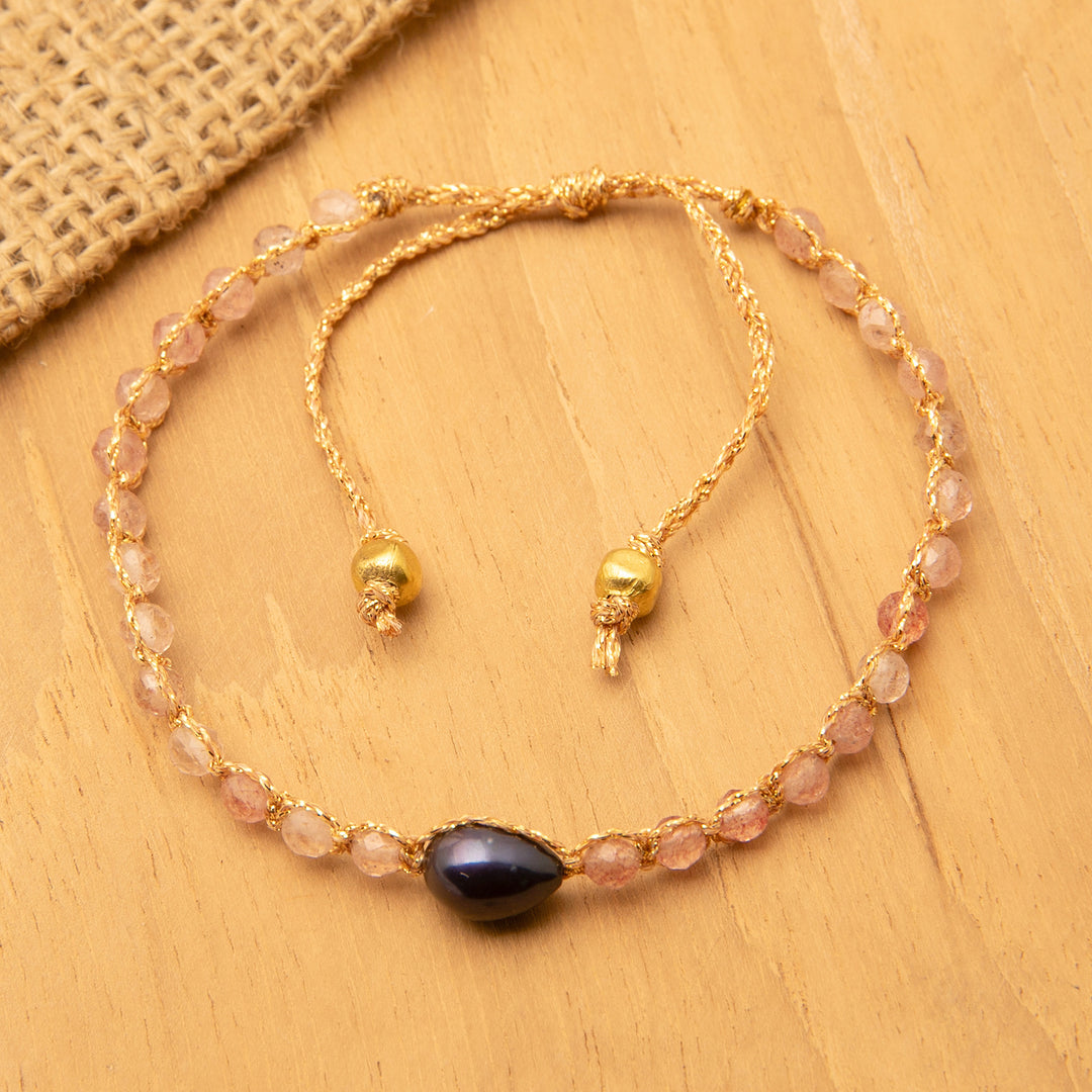 Blue Cultured Pearl Rose Quartz Gold Accent Pendant Bracelet - Sweet Beauty