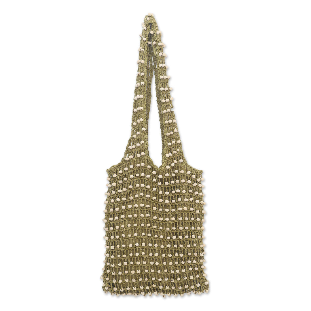 Crocheted Olive Green Cotton Shoulder Bag from Bali - Creative Effort in Olive