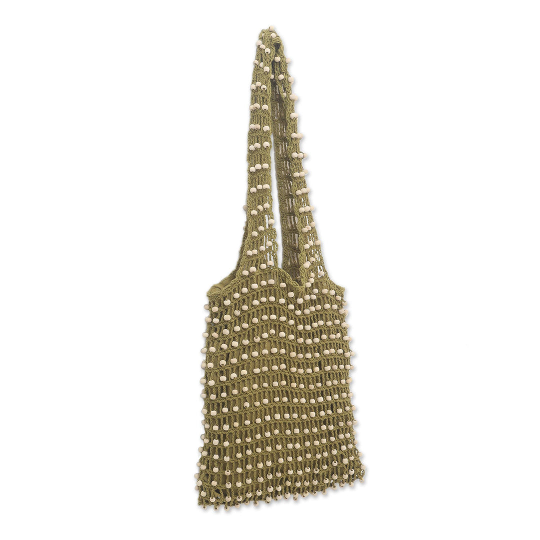 Crocheted Olive Green Cotton Shoulder Bag from Bali - Creative Effort in Olive