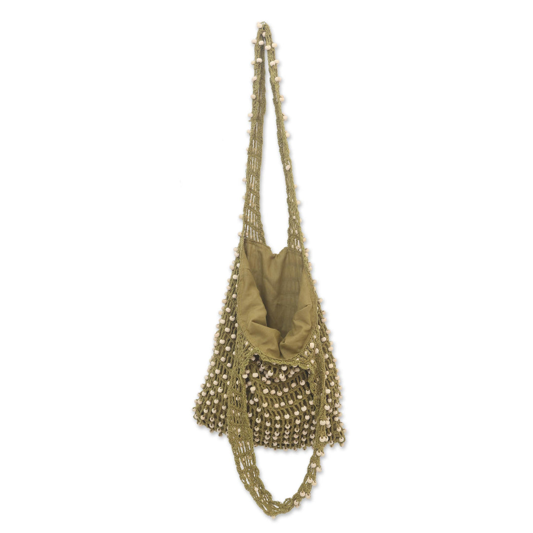 Crocheted Olive Green Cotton Shoulder Bag from Bali - Creative Effort in Olive