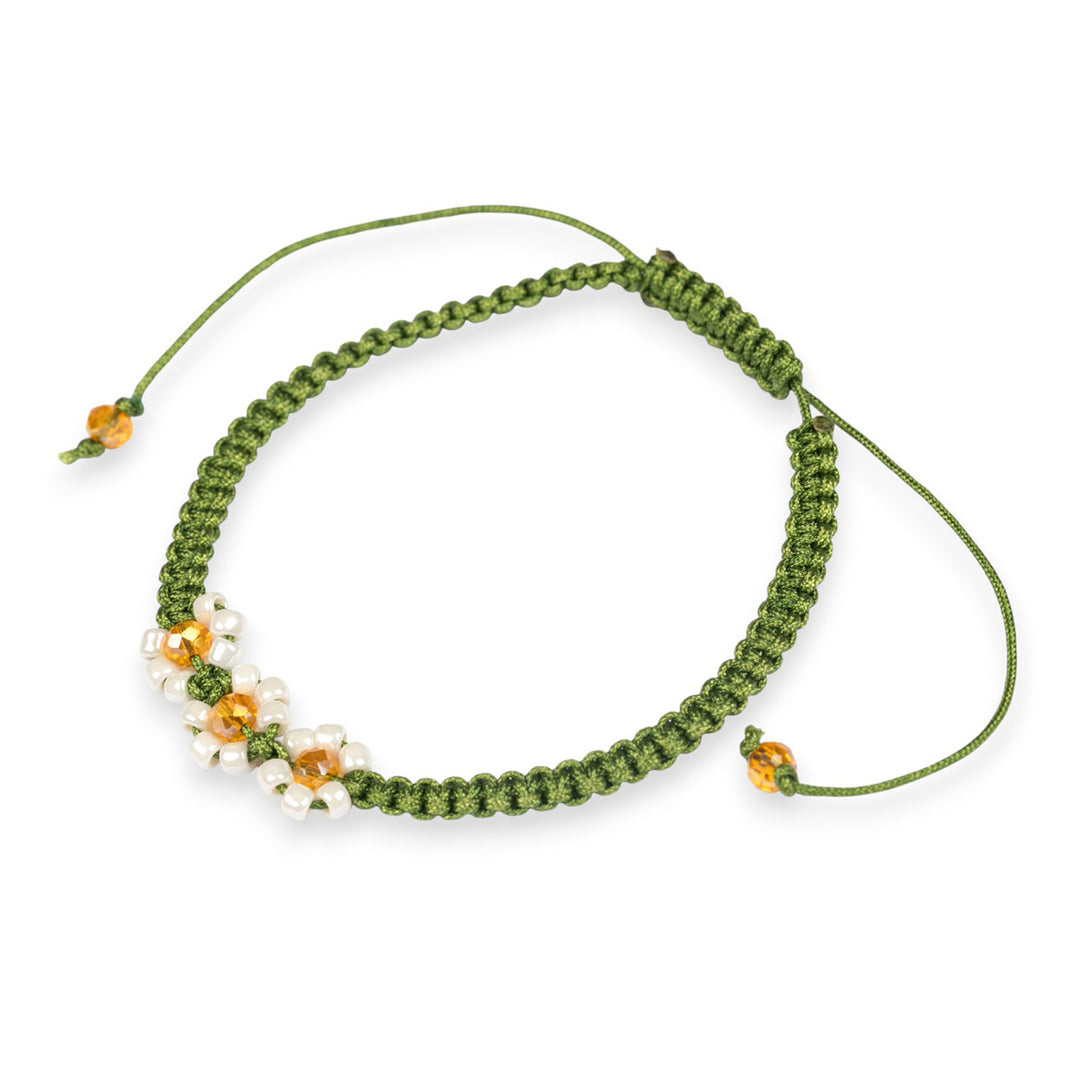 Daisy-Inspired Green Macrame Bracelet with Crystal Beads - Daisy Promise