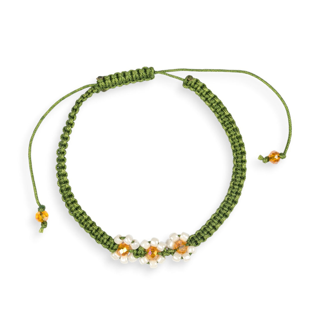 Daisy-Inspired Green Macrame Bracelet with Crystal Beads - Daisy Promise