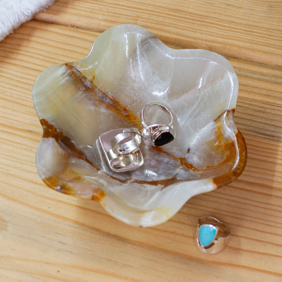 Green and Grey Hand-Carved Marble Six-Leaf Clover Catchall - Green Clover