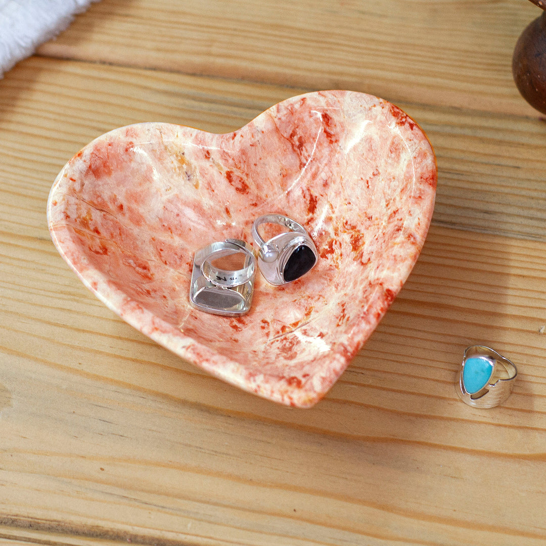 Pink White Grey Heart-Shaped Hand-Carved Marble Catchall - Pink Heart