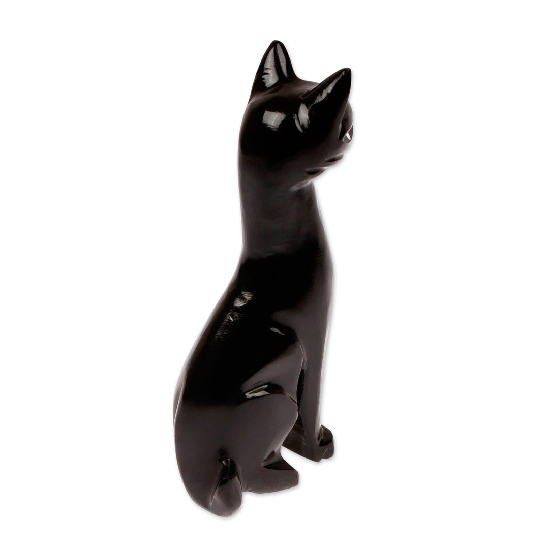 Natural Marble Modern Black Cat Sculpture Carved by Hand - Black Fabulous Feline