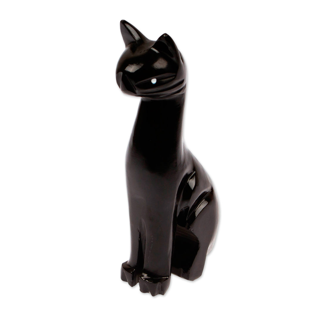 Natural Marble Modern Black Cat Sculpture Carved by Hand - Black Fabulous Feline