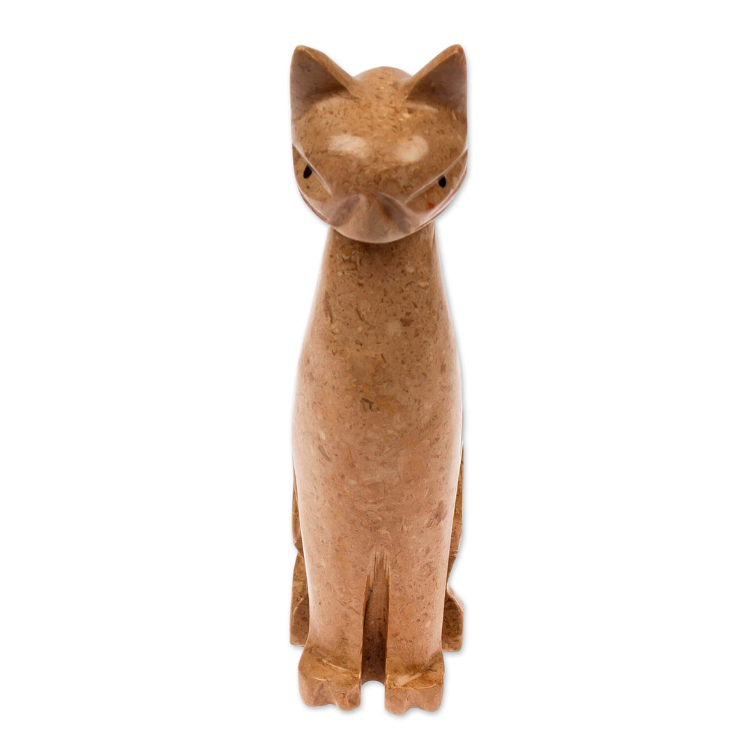 Cat-Themed Modern Hand-Carved Marble Sculpture in Brown - Brown Fabulous Feline