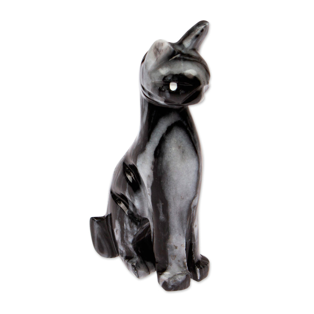 Stylized Minimalist Modern Grey Natural Marble Cat Sculpture - Charcoal Fabulous Feline