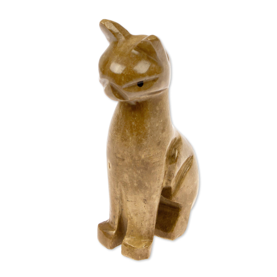 Artisan Carved Minimalist Marble Cat Figurine in Brown Shade - Walnut Fabulous Feline