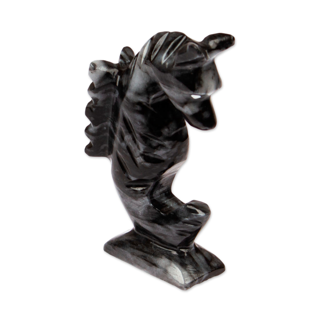 Marine-Themed Handmade Seahorse Marble Figurine in Black - Enigma of Gallantry