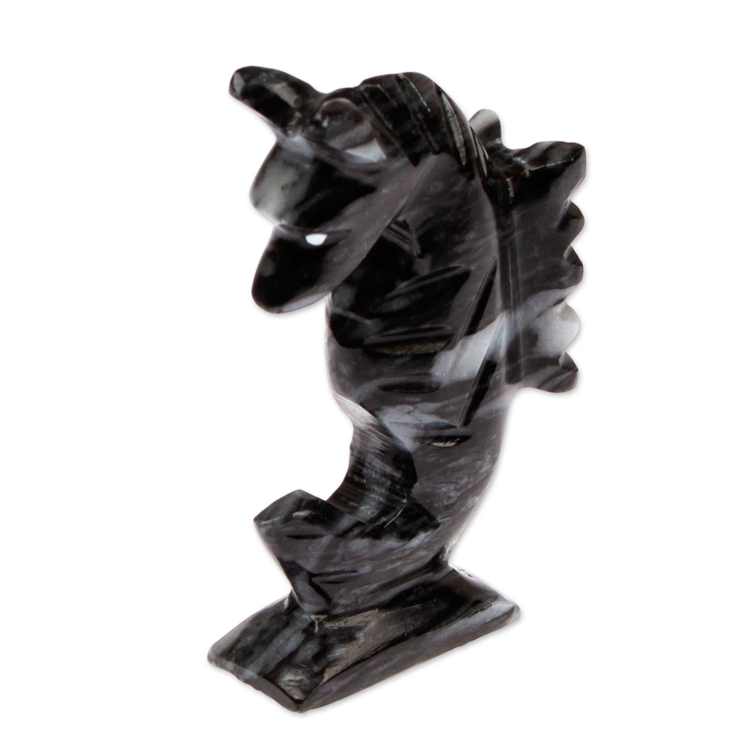 Marine-Themed Handmade Seahorse Marble Figurine in Black - Enigma of Gallantry
