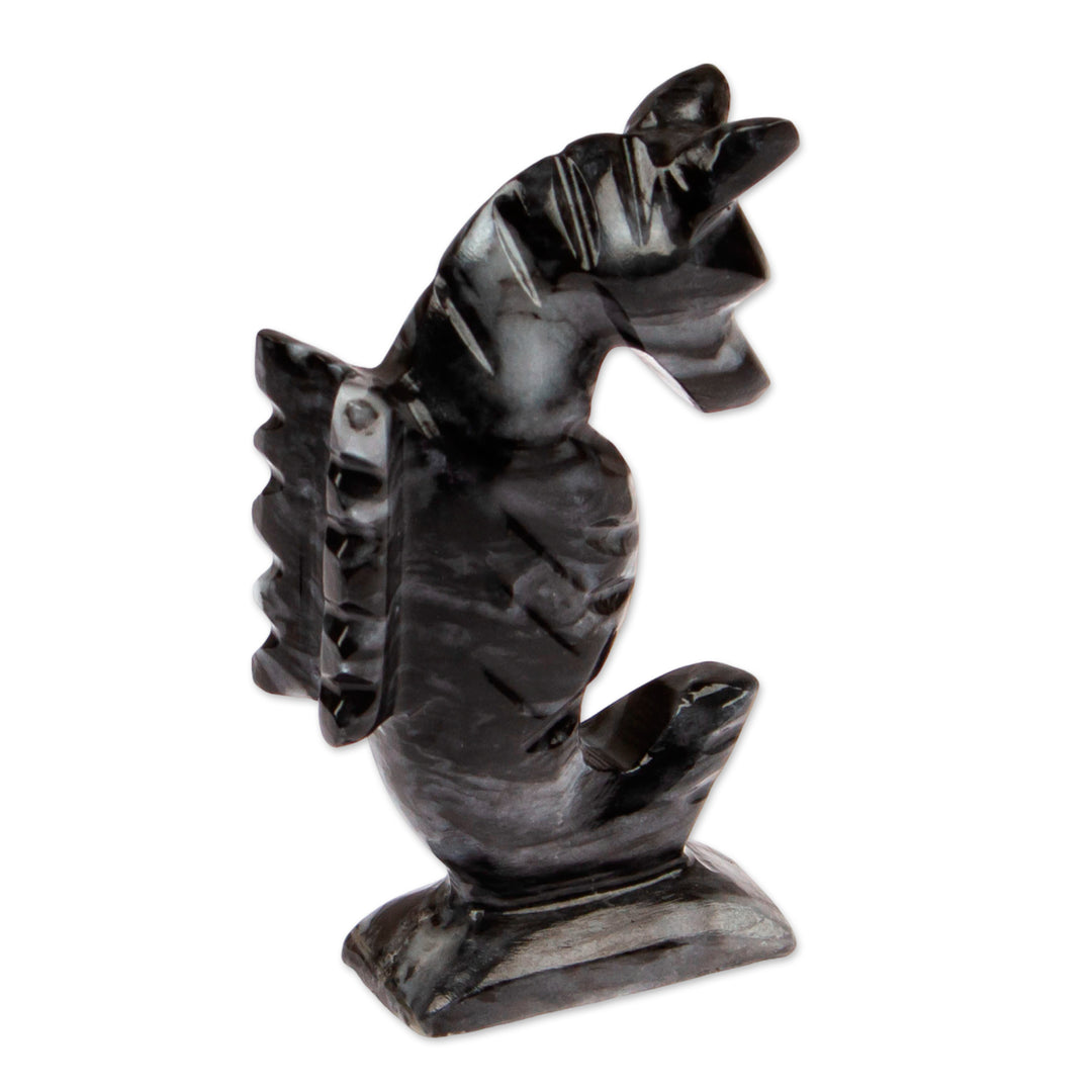 Marine-Themed Handmade Seahorse Marble Figurine in Black - Enigma of Gallantry
