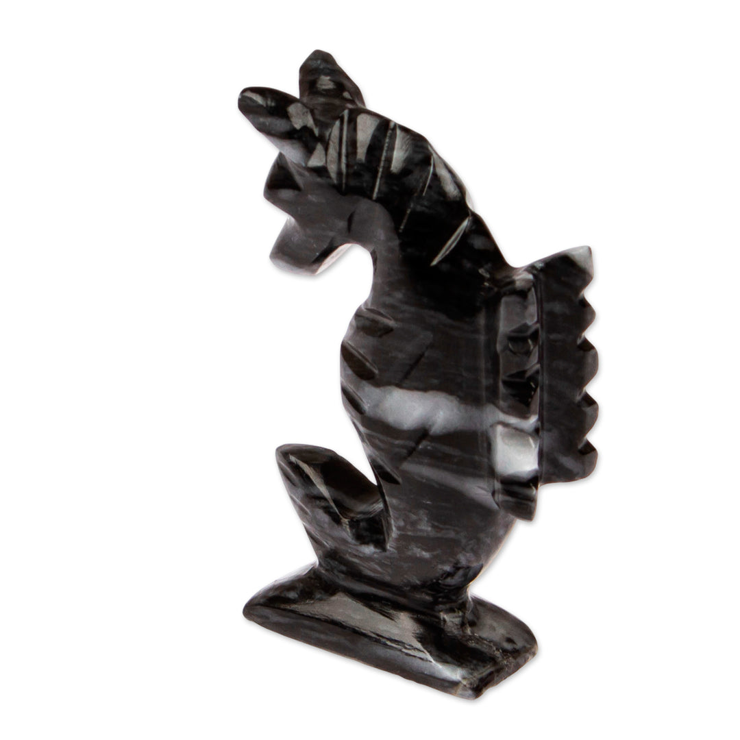Marine-Themed Handmade Seahorse Marble Figurine in Black - Enigma of Gallantry
