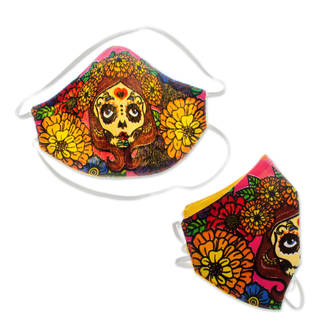 2-Layer Day of the Dead Bright Skeleton Face Masks (Pair) - Marigold Skeletons