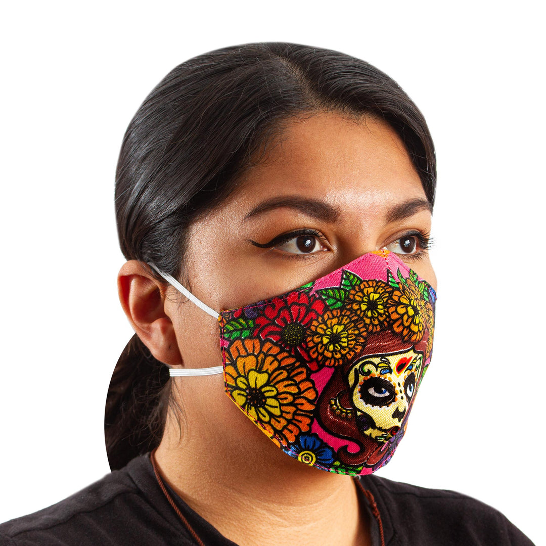 2-Layer Day of the Dead Bright Skeleton Face Masks (Pair) - Marigold Skeletons