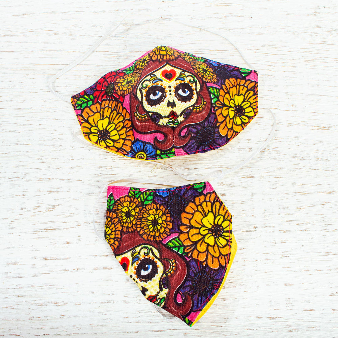 2-Layer Day of the Dead Bright Skeleton Face Masks (Pair) - Marigold Skeletons