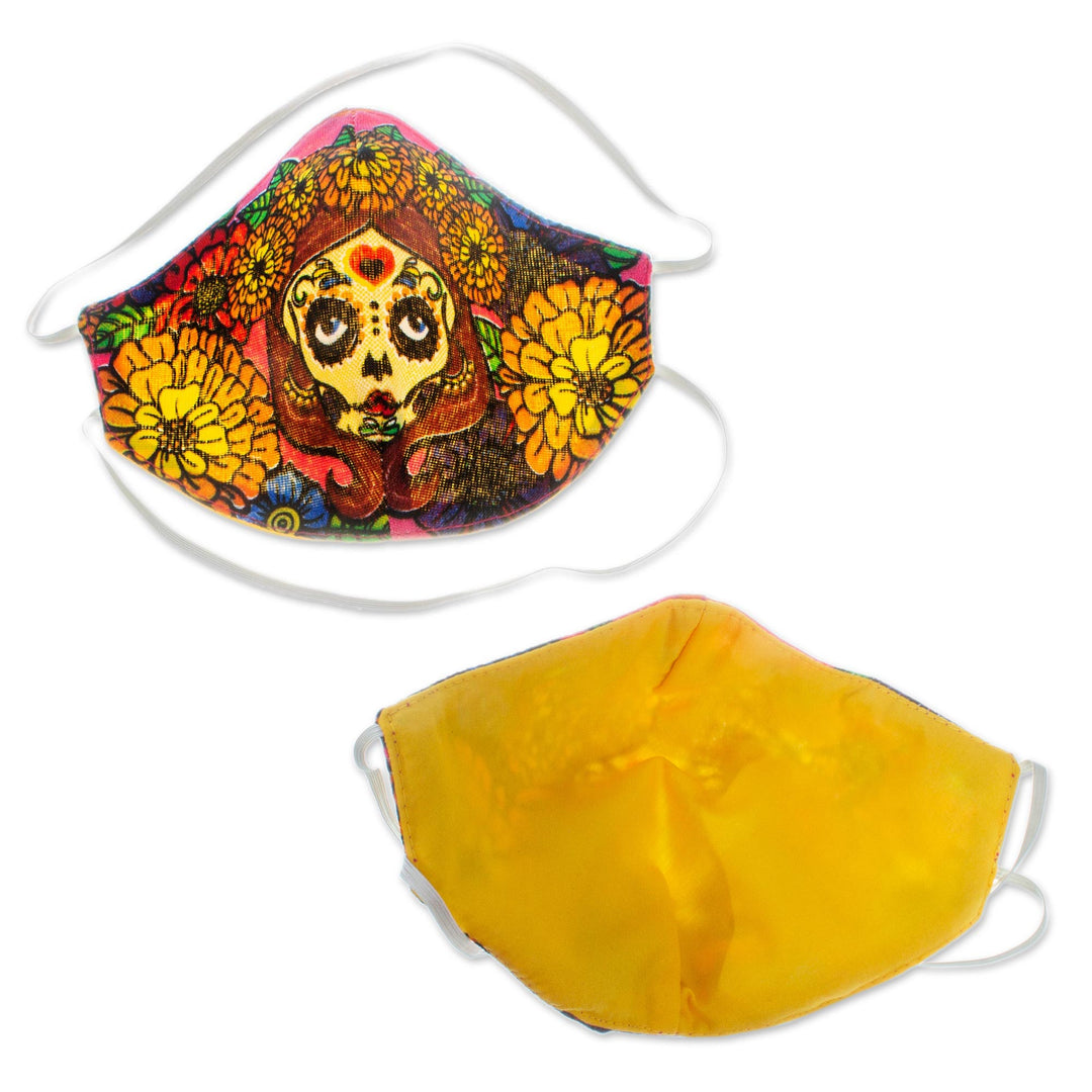 2-Layer Day of the Dead Bright Skeleton Face Masks (Pair) - Marigold Skeletons