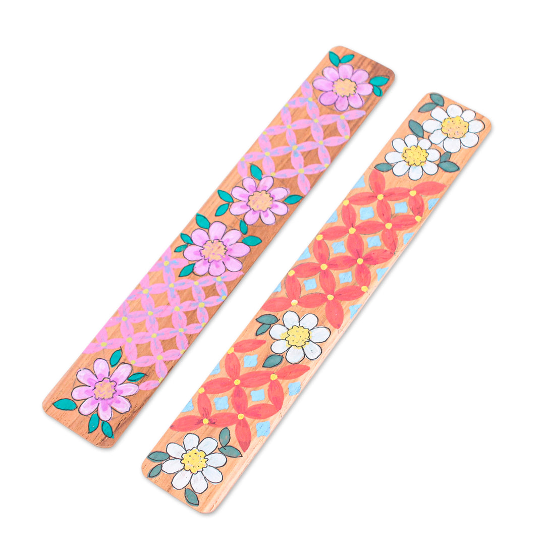 Floral 2-Piece Hand-Painted Carved Longan Wood Bookmark Set - Blossoming Pages