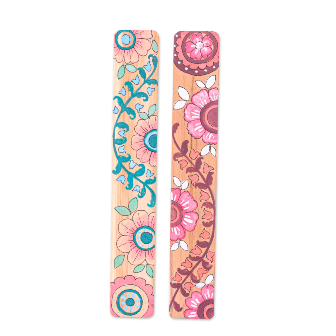 Spring-Themed Pink and Green 2-Piece Wooden Bookmark Set - Primaveral Tales