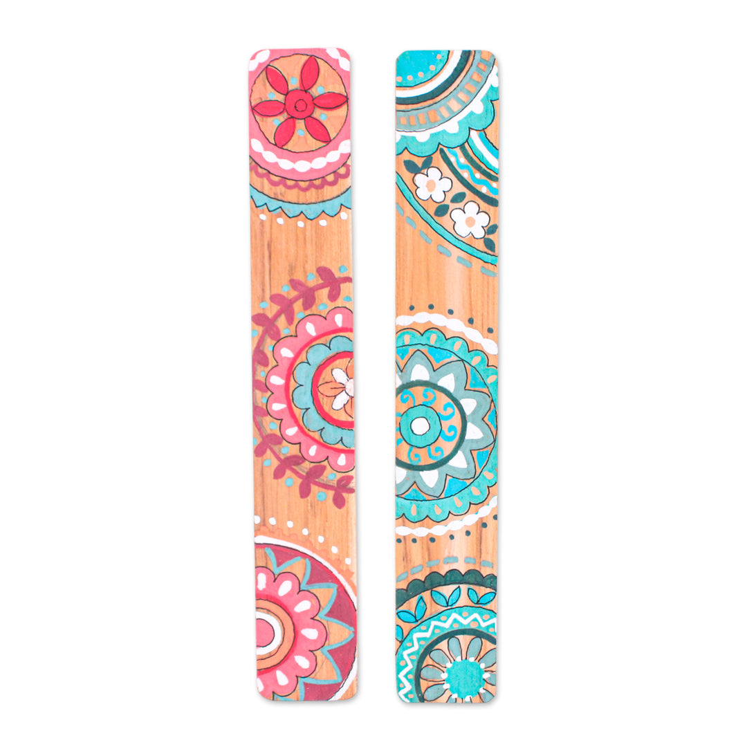 Mandala-Inspired 2-Piece Pink and Green Wood Bookmark Set - Bohemian Stories
