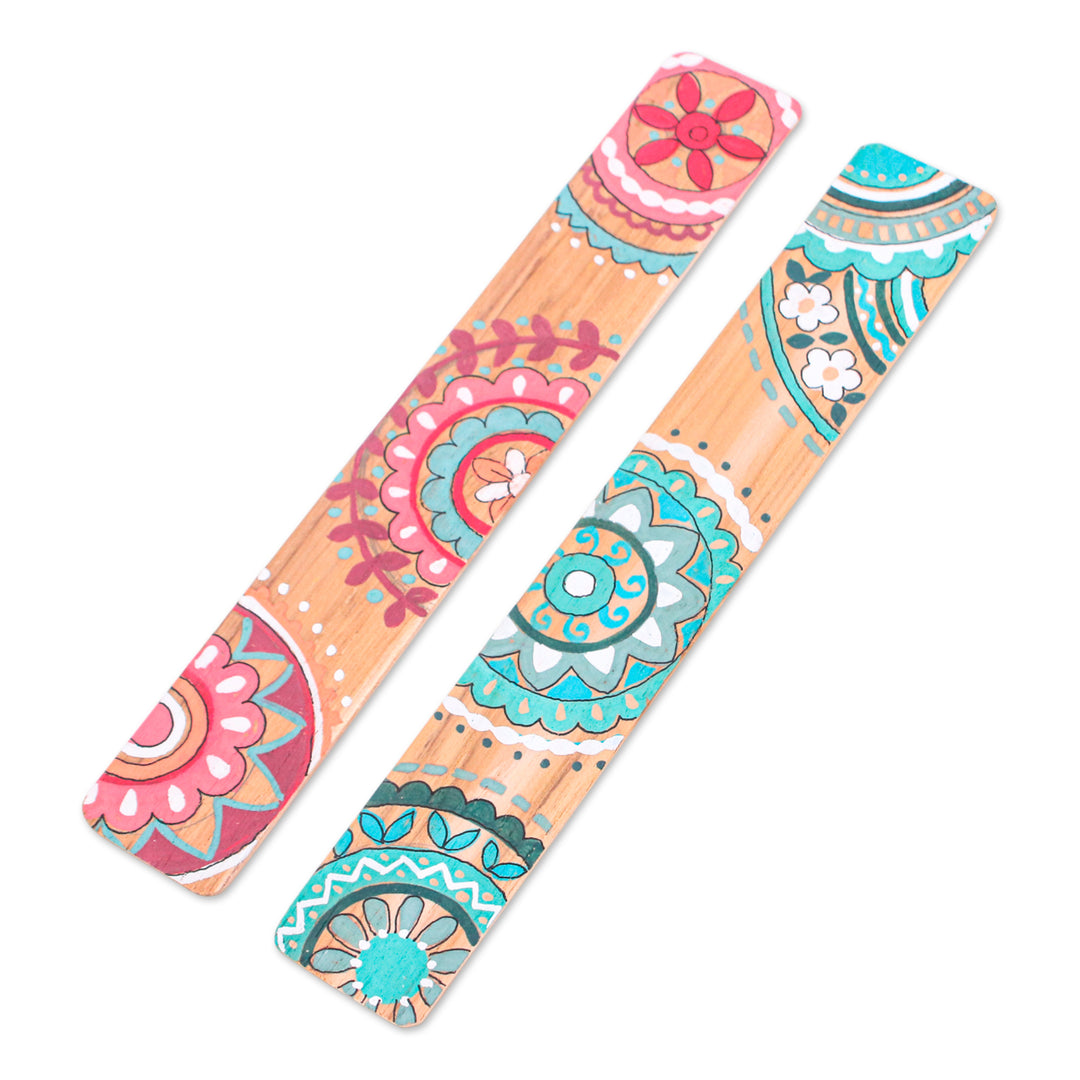 Mandala-Inspired 2-Piece Pink and Green Wood Bookmark Set - Bohemian Stories