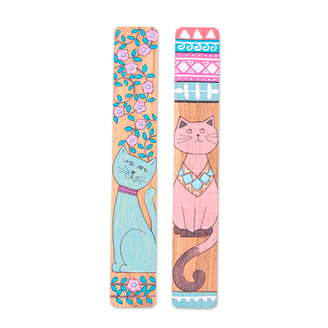 Hand-Painted Cat-Themed 2-Piece Longan Wood Bookmark Set - Feline Literature