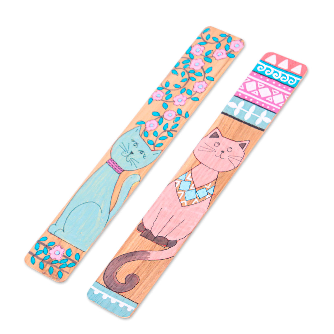 Hand-Painted Cat-Themed 2-Piece Longan Wood Bookmark Set - Feline Literature